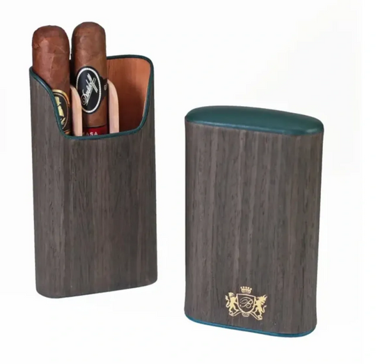 Brizard and Co - The "Show Band" 3 Cigar Case - Gunmetal Ebony and Forest Green Leather (Leather, Exotic Wood)
