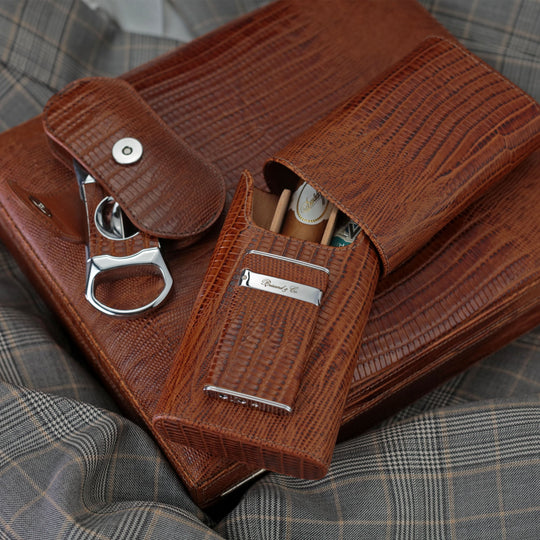 Brizard and Co - The "Show Band" 3 Cigar Case - Lizard Pattern Havana (Leather)