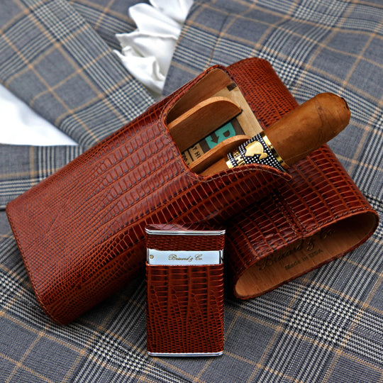 Brizard and Co - The "Show Band" 3 Cigar Case - Lizard Pattern Havana (Leather)