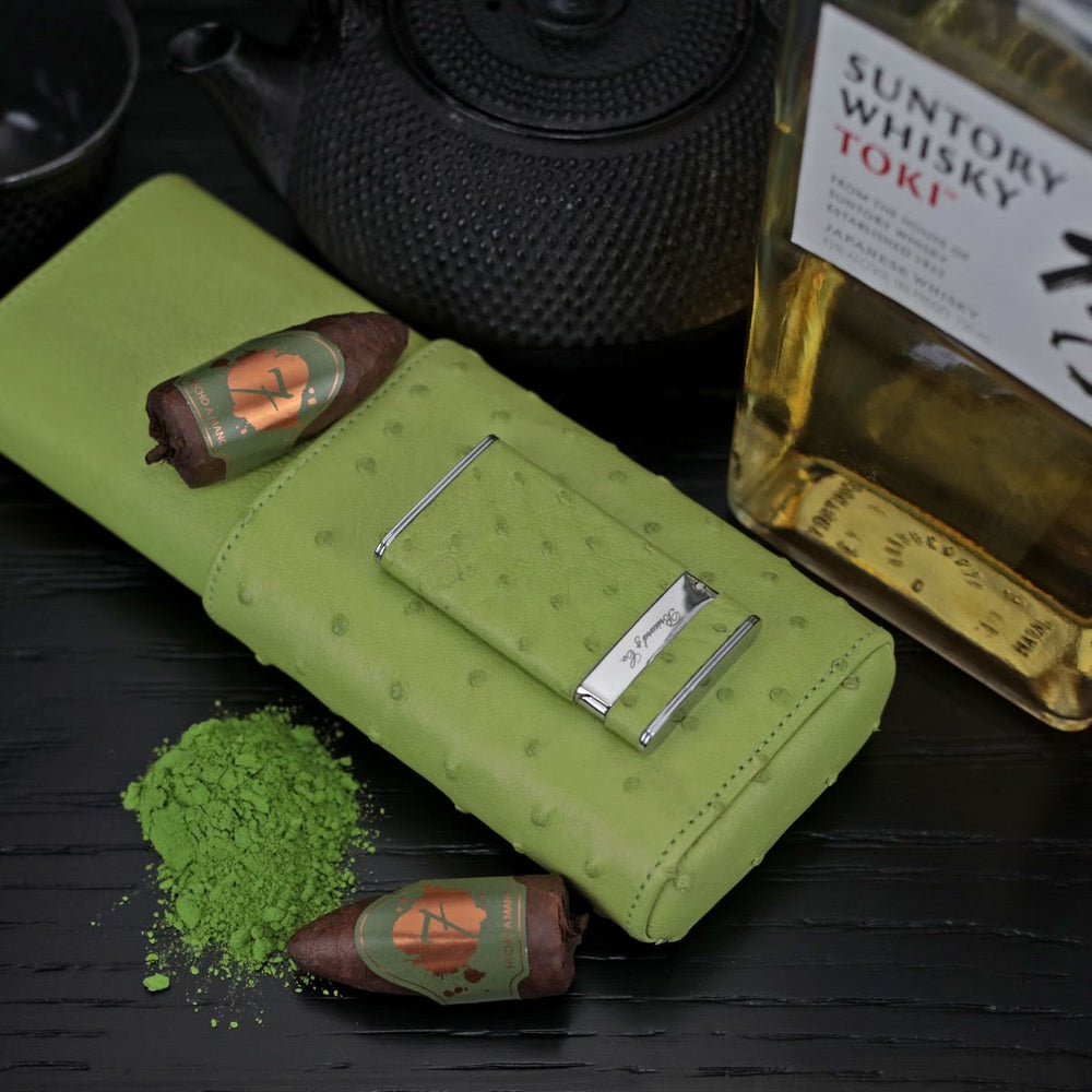 Brizard and Co - The "Show Band" 3 Cigar Case - Matcha Ostrich (Ostrich)