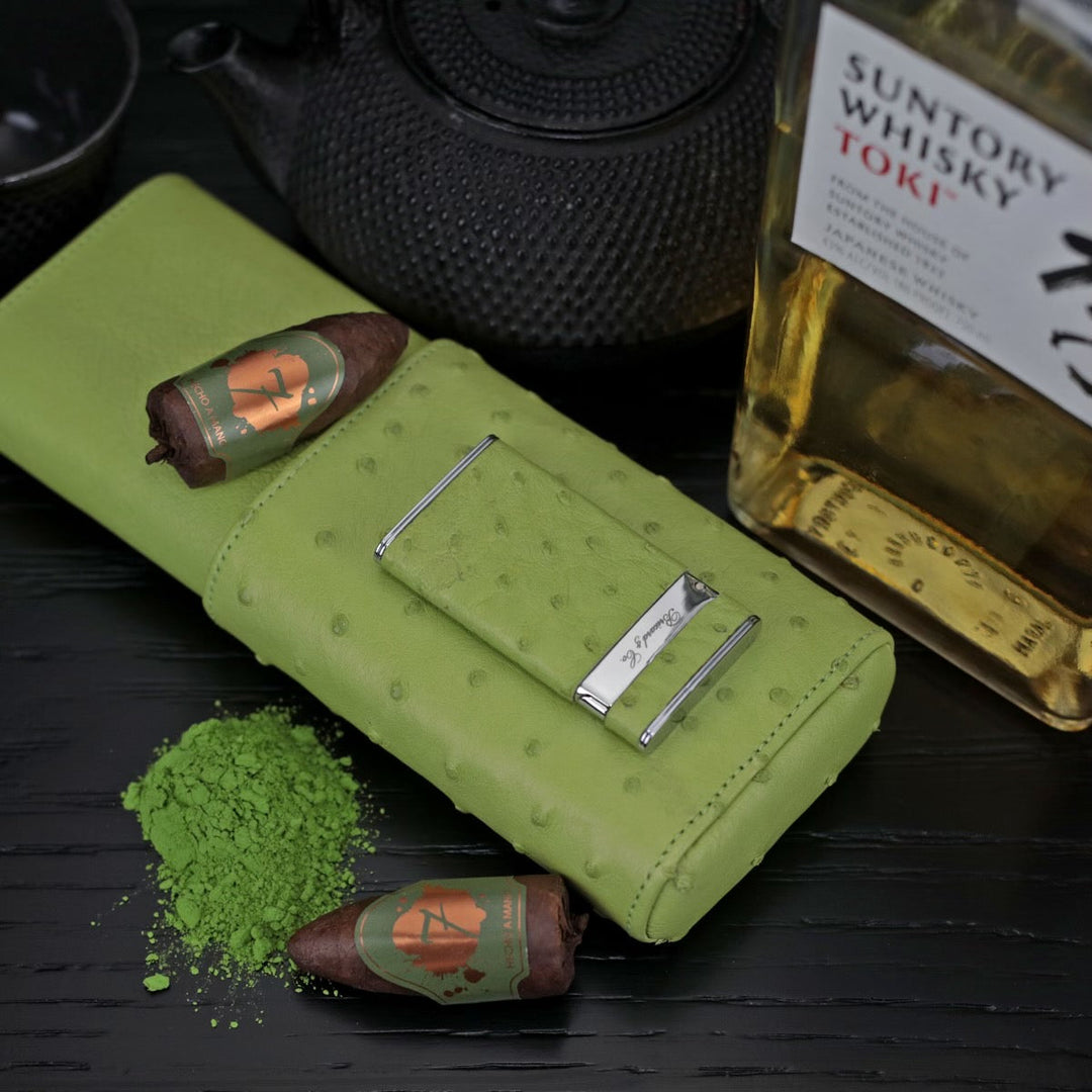 Brizard and Co - The "Show Band" 3 Cigar Case - Matcha Ostrich (Ostrich)