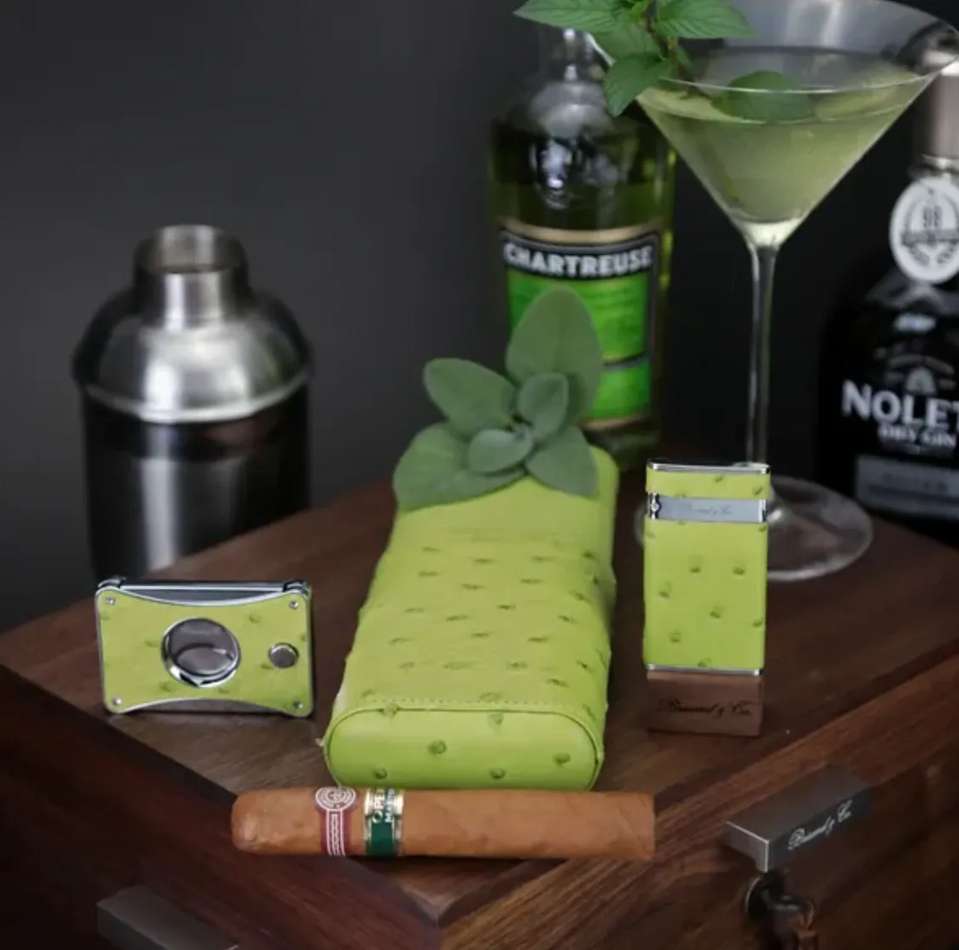Brizard and Co - The "Show Band" 3 Cigar Case - Matcha Ostrich (Ostrich)