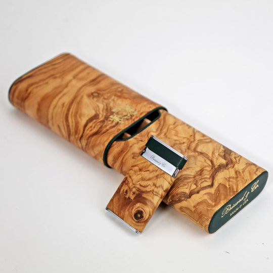 Brizard and Co - The "Show Band" 3 Cigar Case - Olive Wood and Green Leather (Leather, Exotic Wood)