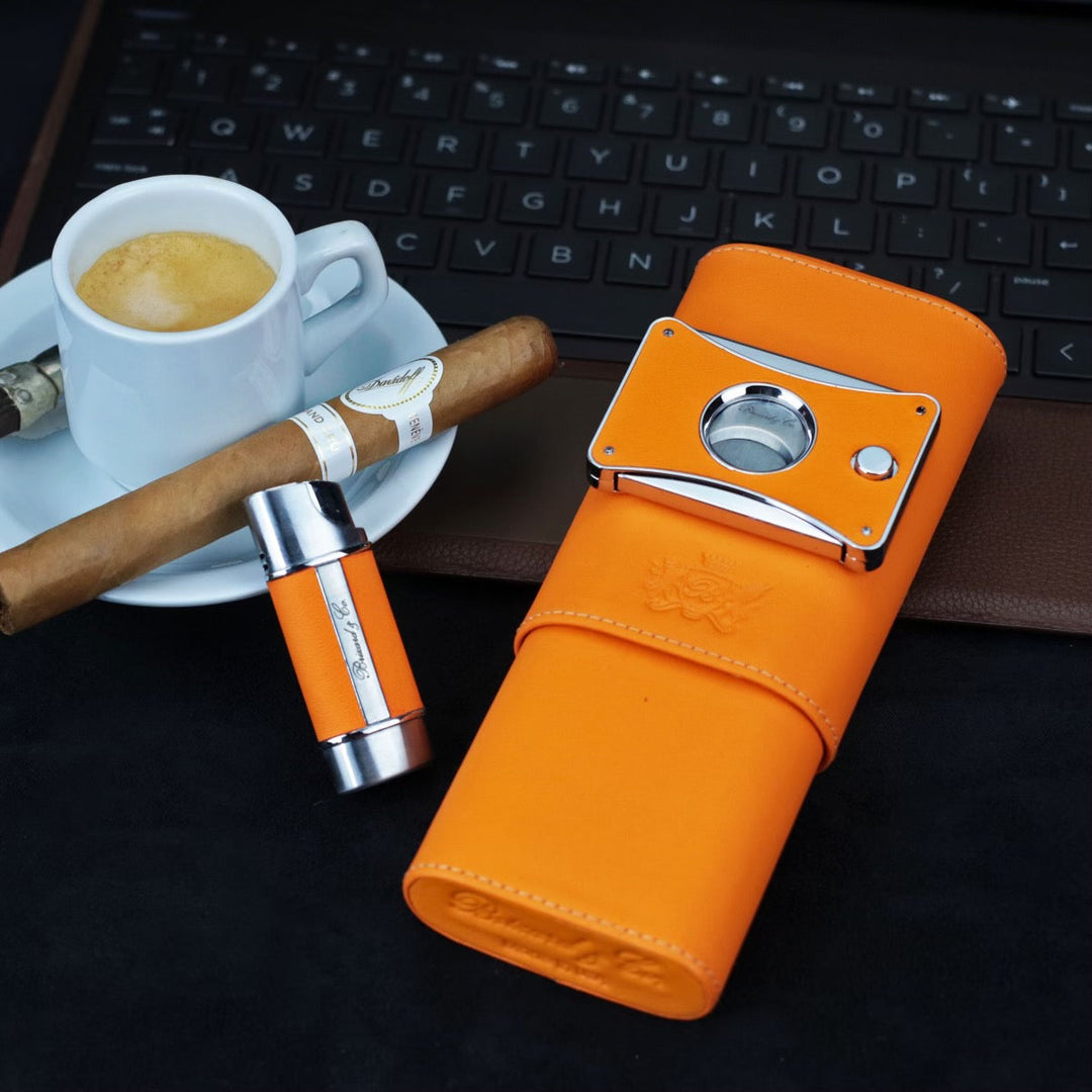 Brizard and Co - The "Show Band" 3 Cigar Case - Orange Leather (Leather)
