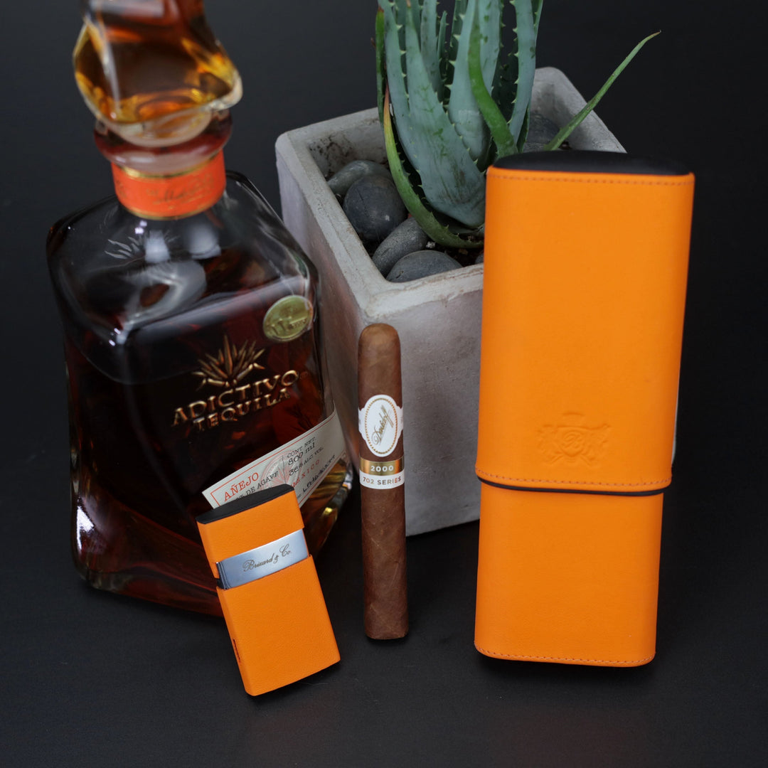 Brizard and Co - The "Show Band" 3 Cigar Case - Orange Leather (Leather)