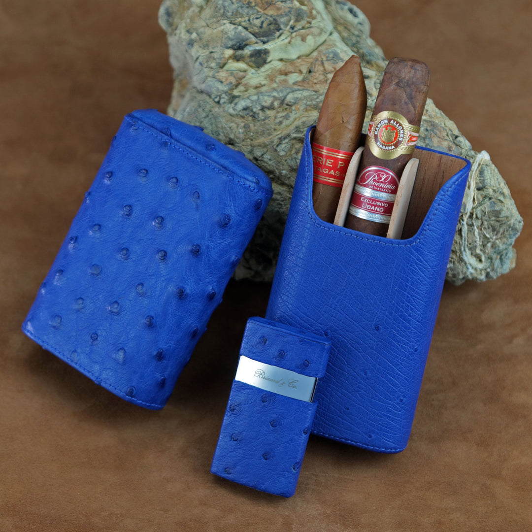 Brizard and Co - The "Show Band" 3 Cigar Case - Ostrich Blue (Ostrich)