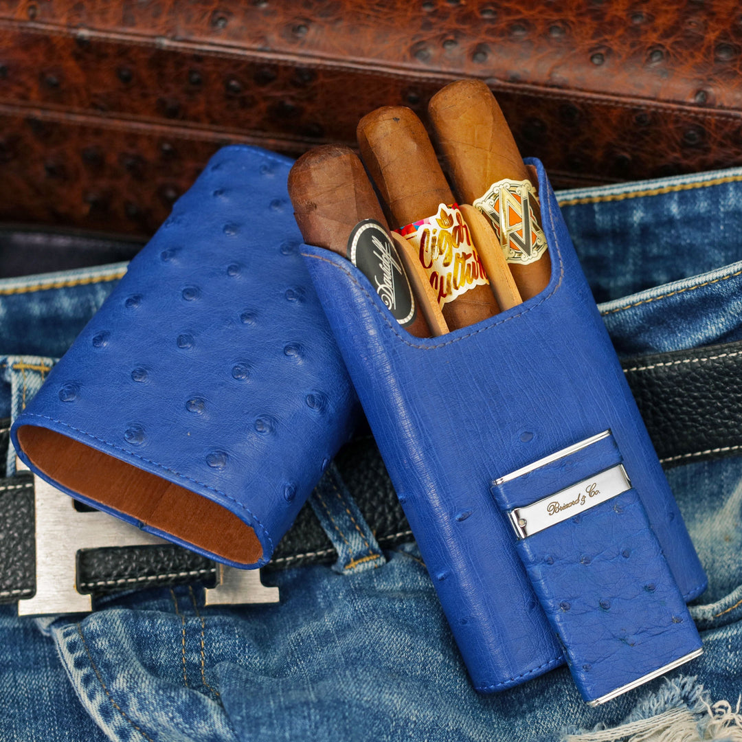 Brizard and Co - The "Show Band" 3 Cigar Case - Ostrich Blue (Ostrich)