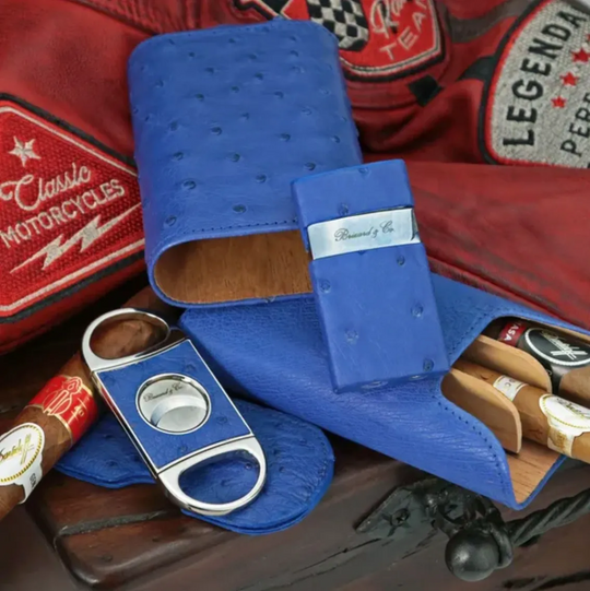 Brizard and Co - The "Show Band" 3 Cigar Case - Ostrich Blue (Ostrich)