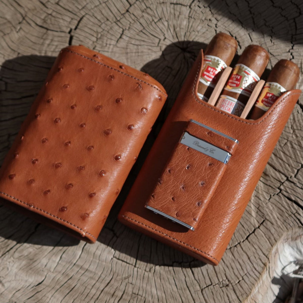 Brizard and Co - The "Show Band" 3 Cigar Case - Ostrich Cognac (Ostrich)