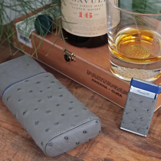 Brizard and Co - The "Show Band" 3 Cigar Case - Ostrich Gray and Blue (Ostrich)