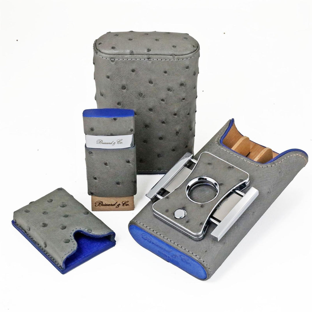 Brizard and Co - The "Show Band" 3 Cigar Case - Ostrich Gray and Blue (Ostrich)