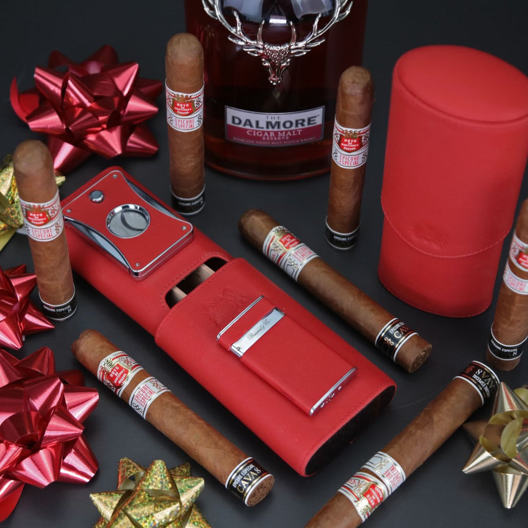 Brizard and Co - The "Show Band" 3 Cigar Case - Red Leather and Macassar Ebony (Flat Top) (Leather, Exotic Wood)
