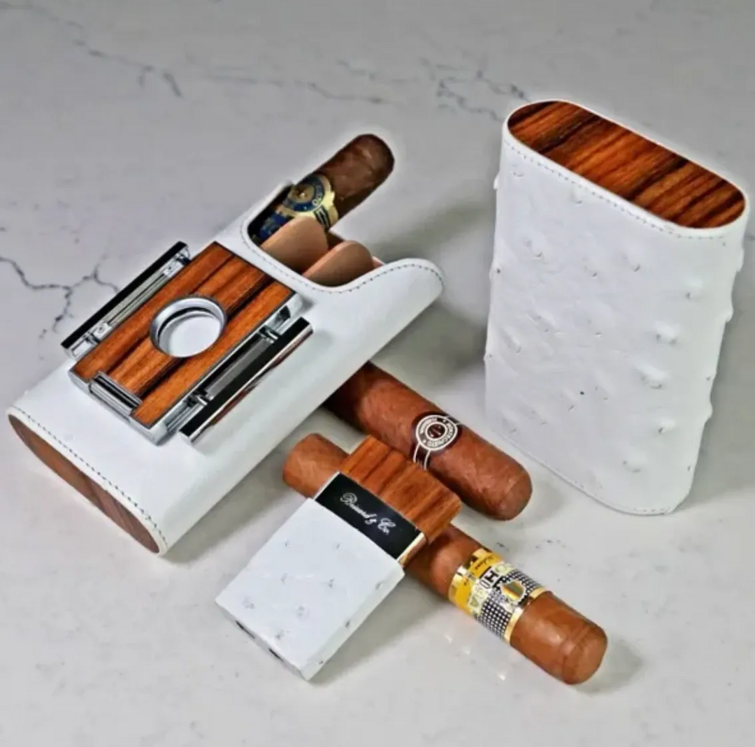 Brizard and Co - The "Show Band" 3 Cigar Case - White Ostrich Leather and Rosewood (Leather, Ostrich, Exotic Wood)