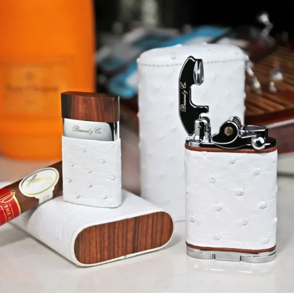 Brizard and Co - The "Show Band" 3 Cigar Case - White Ostrich Leather and Rosewood (Leather, Ostrich, Exotic Wood)