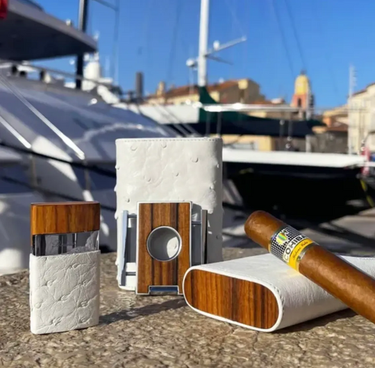 Brizard and Co - The "Show Band" 3 Cigar Case - White Ostrich Leather and Rosewood (Leather, Ostrich, Exotic Wood)
