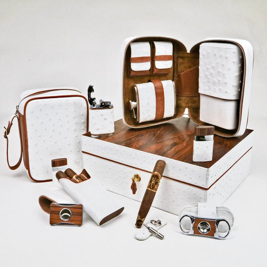 Brizard and Co - The "Show Band" 3 Cigar Case - White Ostrich Leather and Rosewood (Leather, Ostrich, Exotic Wood)