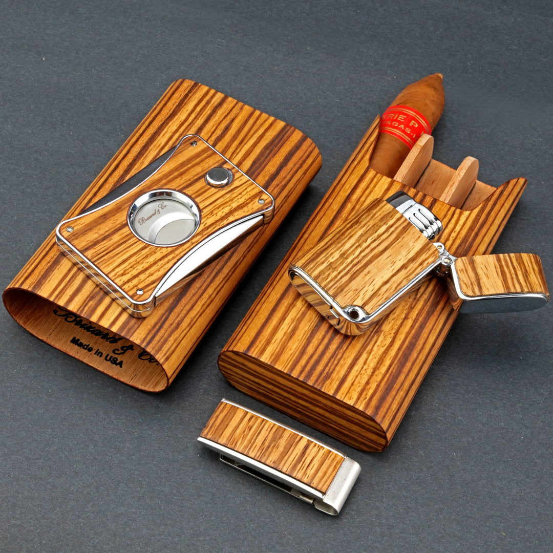 Brizard and Co - The "Show Band" 3 Cigar Case - Zebrawood (Exotic Wood)