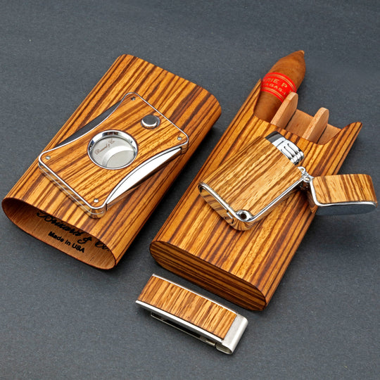 Brizard and Co - The "Show Band" 3 Cigar Case - Zebrawood (Exotic Wood)