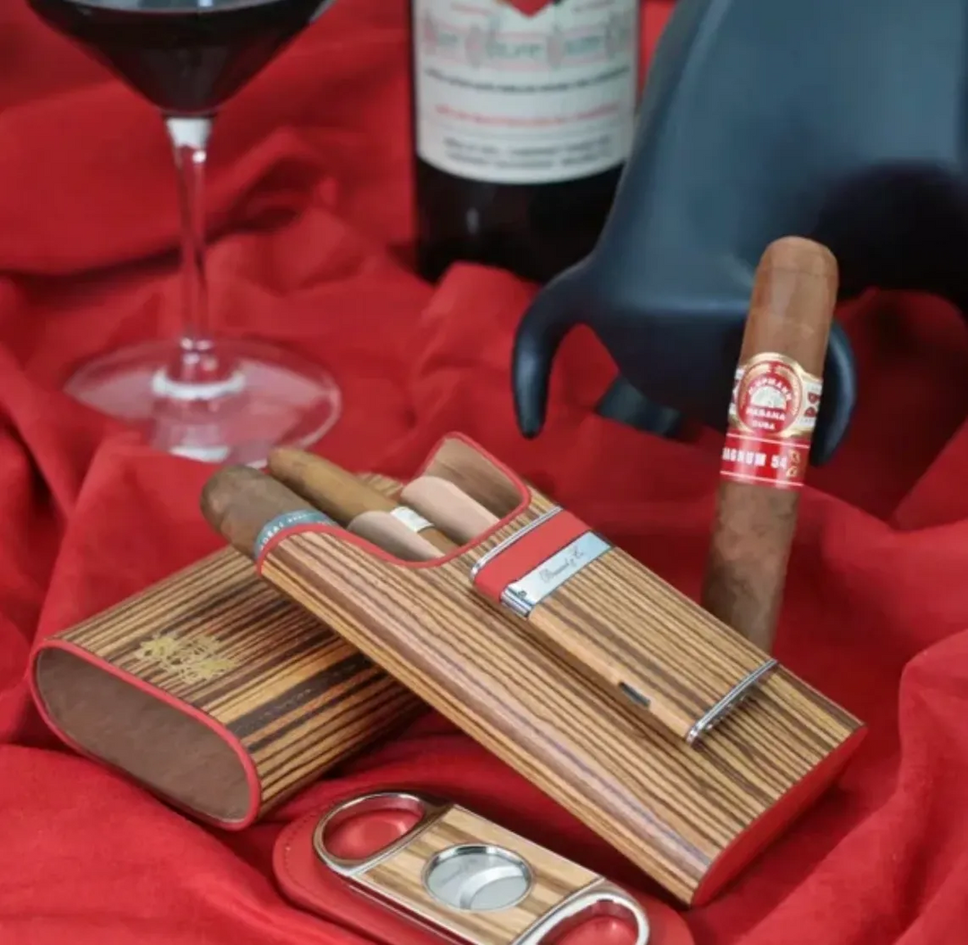 Brizard and Co - The "Show Band" 3 Cigar Case - Zebrawood and Red Leather (Leather, Exotic Wood)