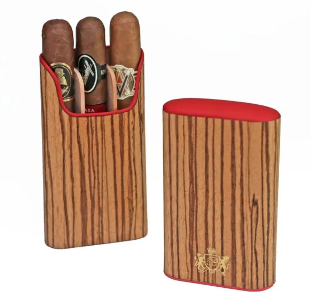 Brizard and Co - The "Show Band" 3 Cigar Case - Zebrawood and Red Leather (Leather, Exotic Wood)