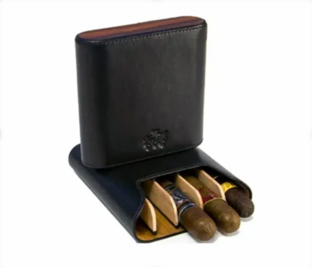 Brizard and Co - The "Show Band" 5 Cigar Case - Black Leather and Rosewood (Leather, Exotic Wood)
