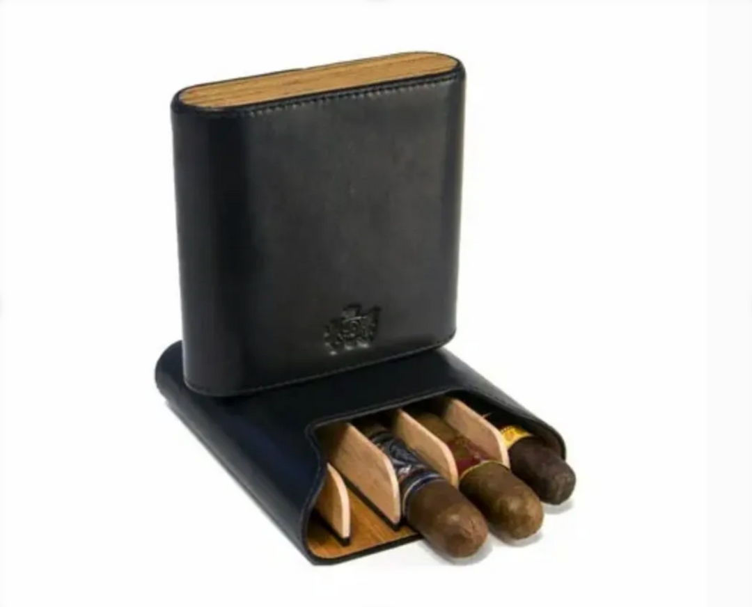 Brizard and Co - The "Show Band" 5 Cigar Case - Black Leather and Zebrawood (Leather, Exotic Wood)