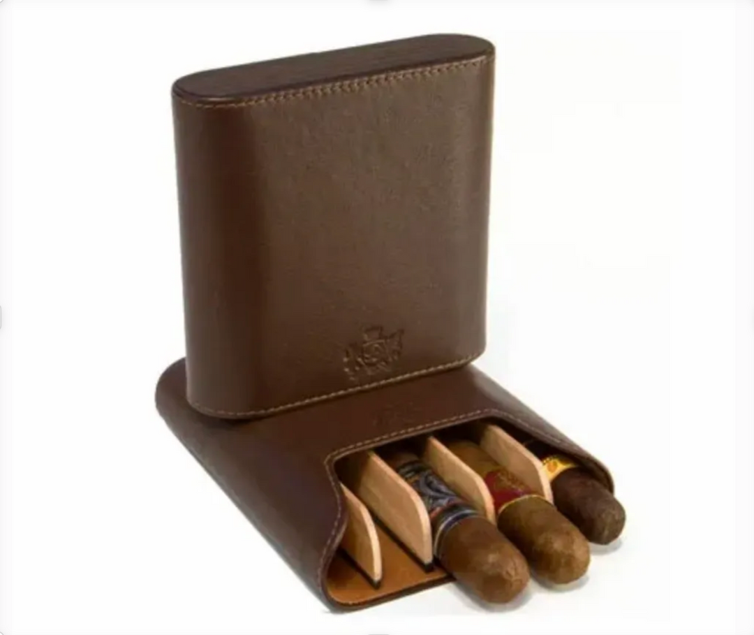 Brizard and Co - The "Show Band" 5 Cigar Case - Coffee Leather and Macassar Ebony (Leather, Exotic Wood)