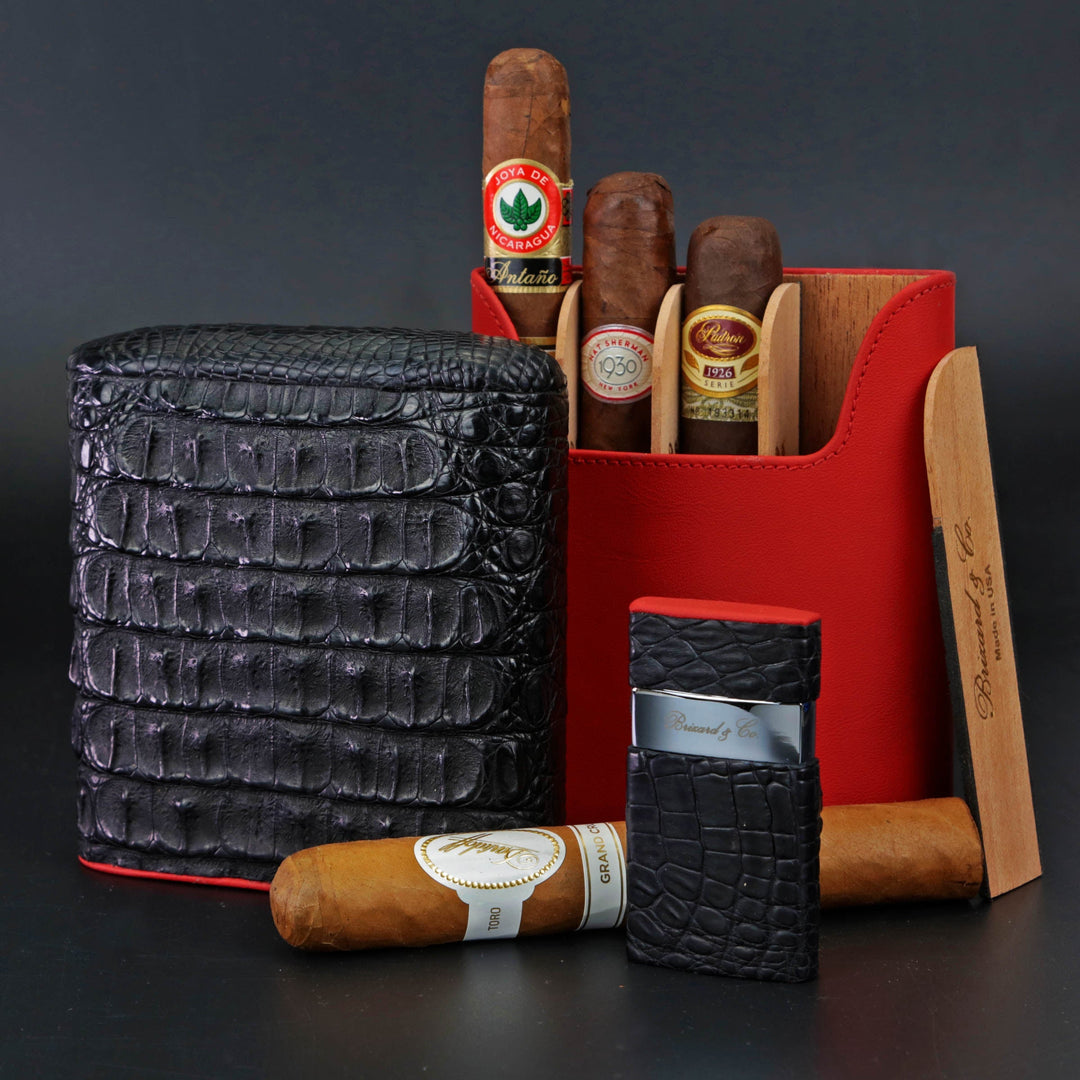 Brizard and Co - The "Show Band" 5 Cigar Case - Genuine Black Caiman Alligator and Red Leather (Leather, Alligator)