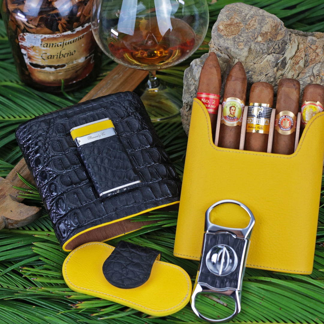 Brizard and Co - The "Show Band" 5 Cigar Case - Genuine Black Caiman Alligator and Yellow Leather (Leather, Alligator)