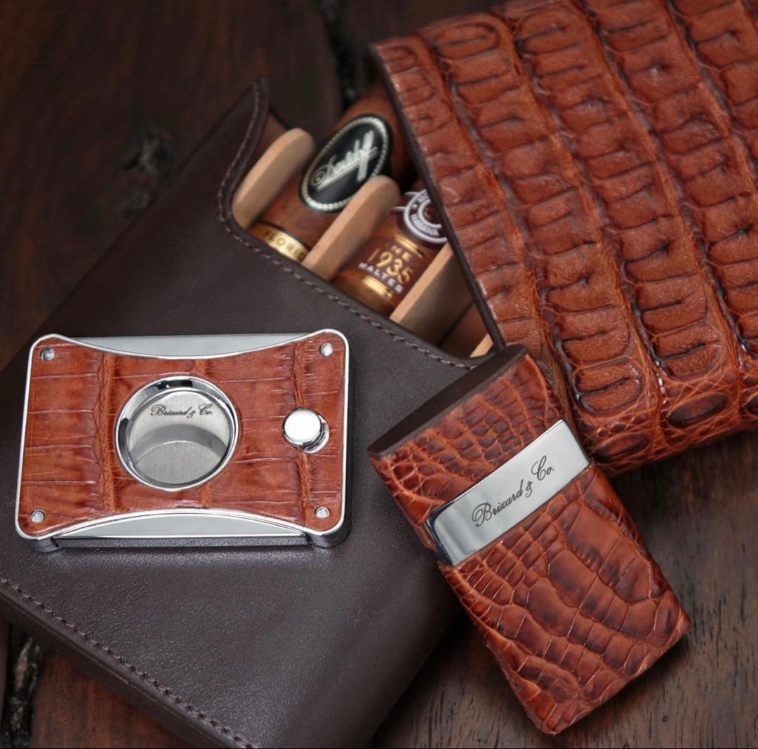 Brizard and Co - The "Show Band" 5 Cigar Case - Genuine Cognac Caiman Alligator and Coffee Leather (Leather, Alligator)