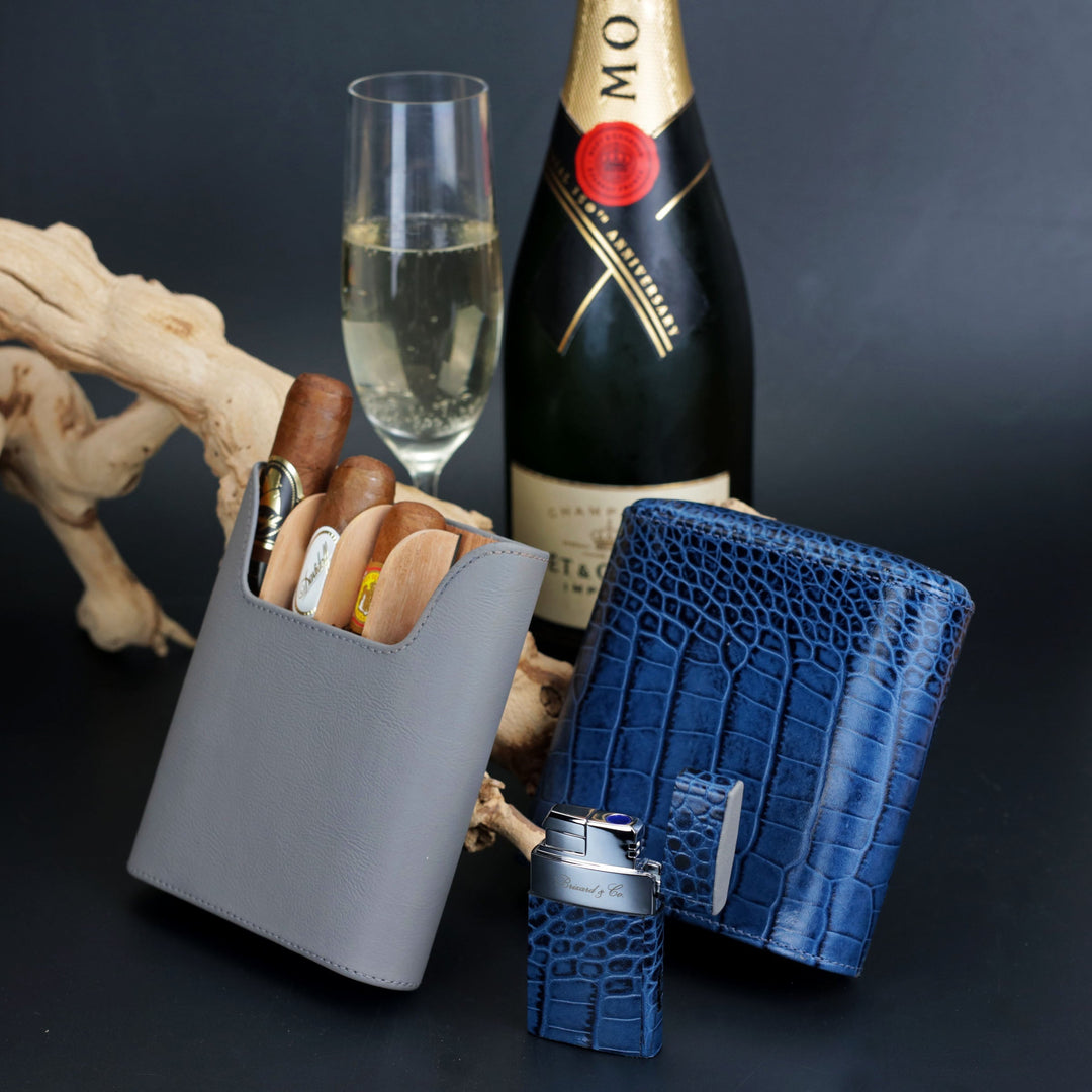 Brizard and Co - The "Show Band" 5 Cigar Case - Indigo Croco Pattern and Gray Leather (Leather)