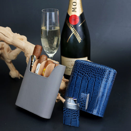 Brizard and Co - The "Show Band" 5 Cigar Case - Indigo Croco Pattern and Gray Leather (Leather)