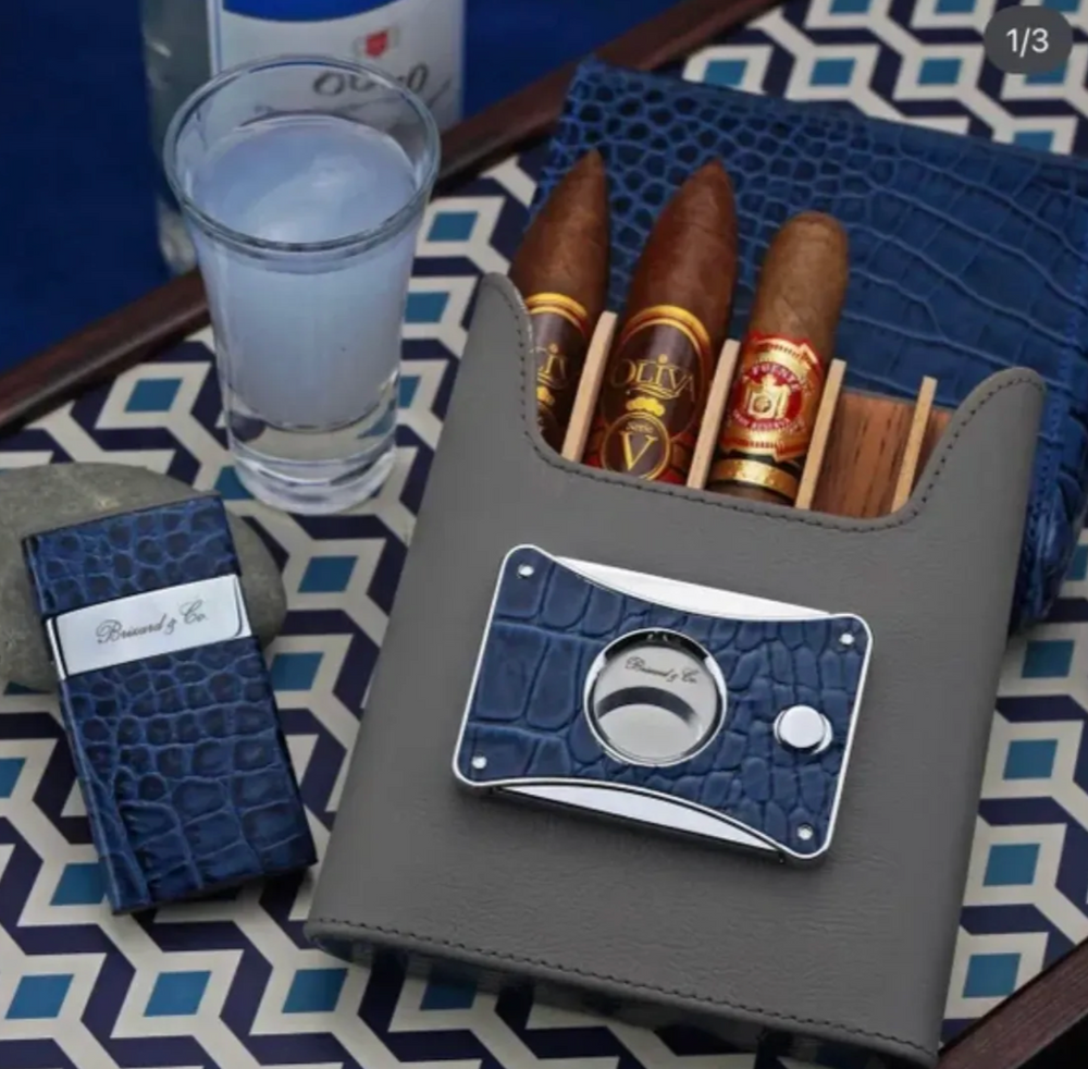 Brizard and Co - The "Show Band" 5 Cigar Case - Indigo Croco Pattern and Gray Leather (Leather)