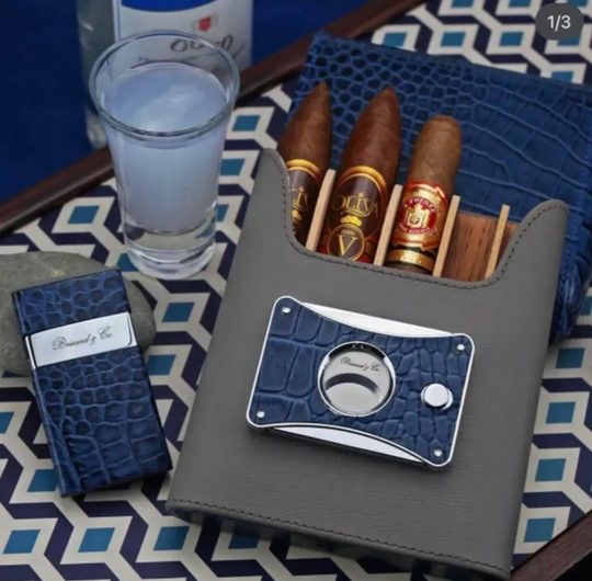 Brizard and Co - The "Show Band" 5 Cigar Case - Indigo Croco Pattern and Gray Leather (Leather)