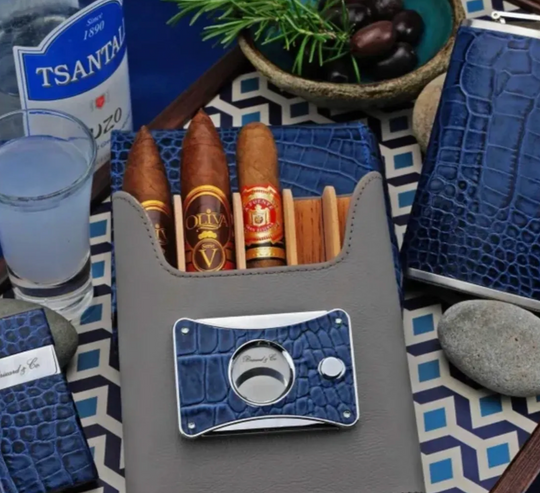 Brizard and Co - The "Show Band" 5 Cigar Case - Indigo Croco Pattern and Gray Leather (Leather)
