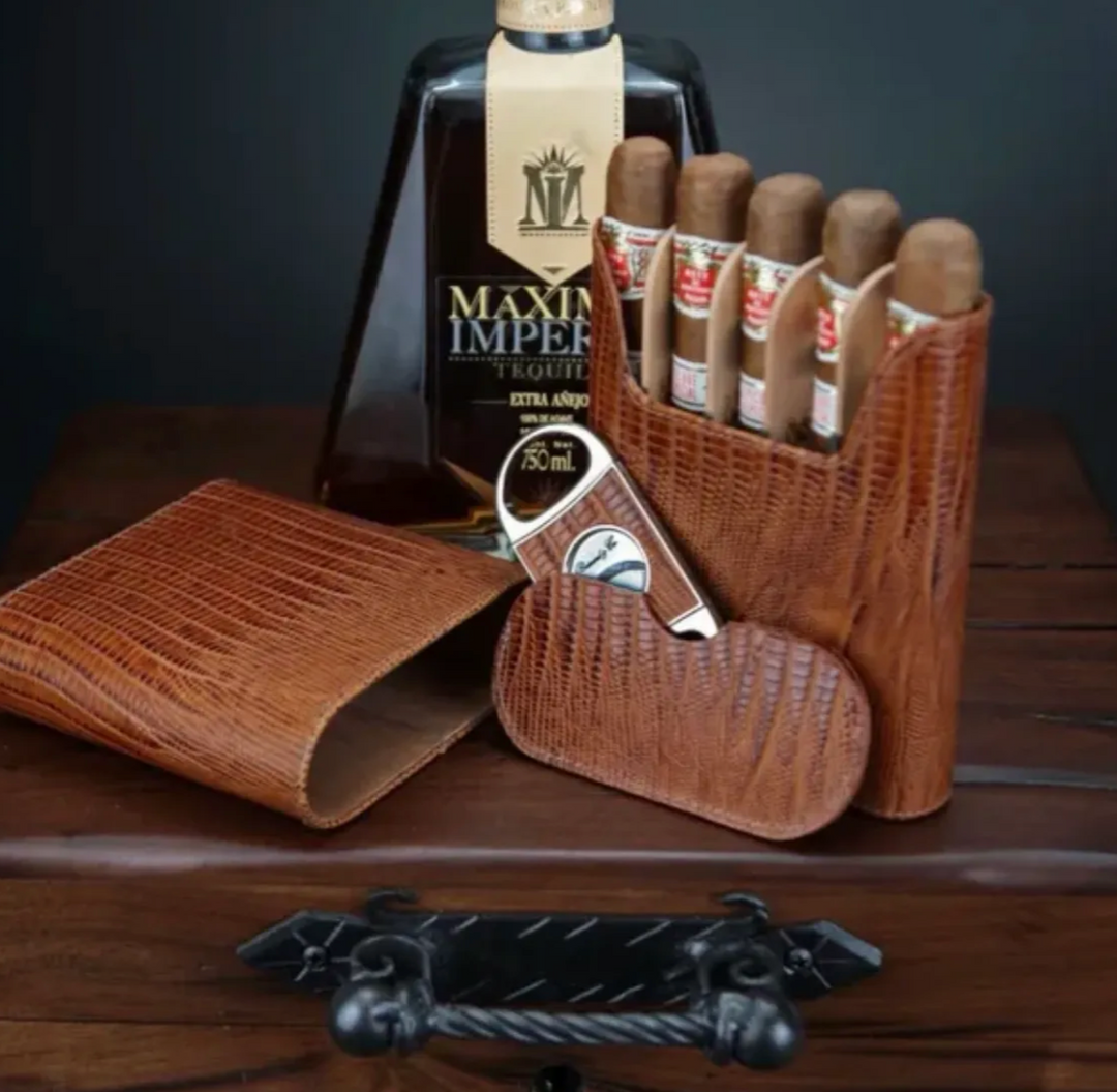 Brizard and Co - The "Show Band" 5 Cigar Case - Lizard Pattern Havana (Leather)