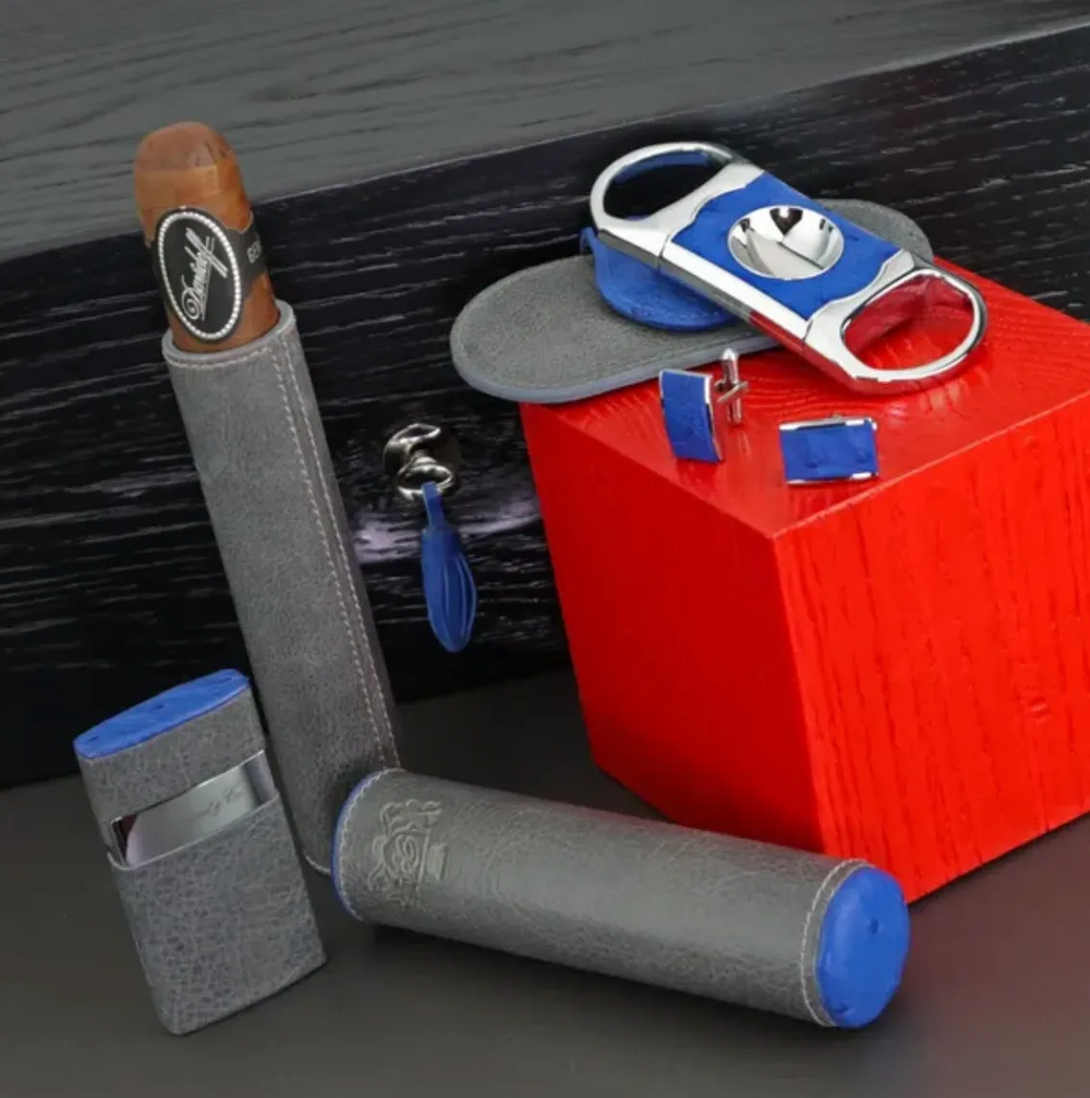 Brizard and Co - The "V" Cutter - Blue Ostrich and Gray Leather (Leather, Ostrich)