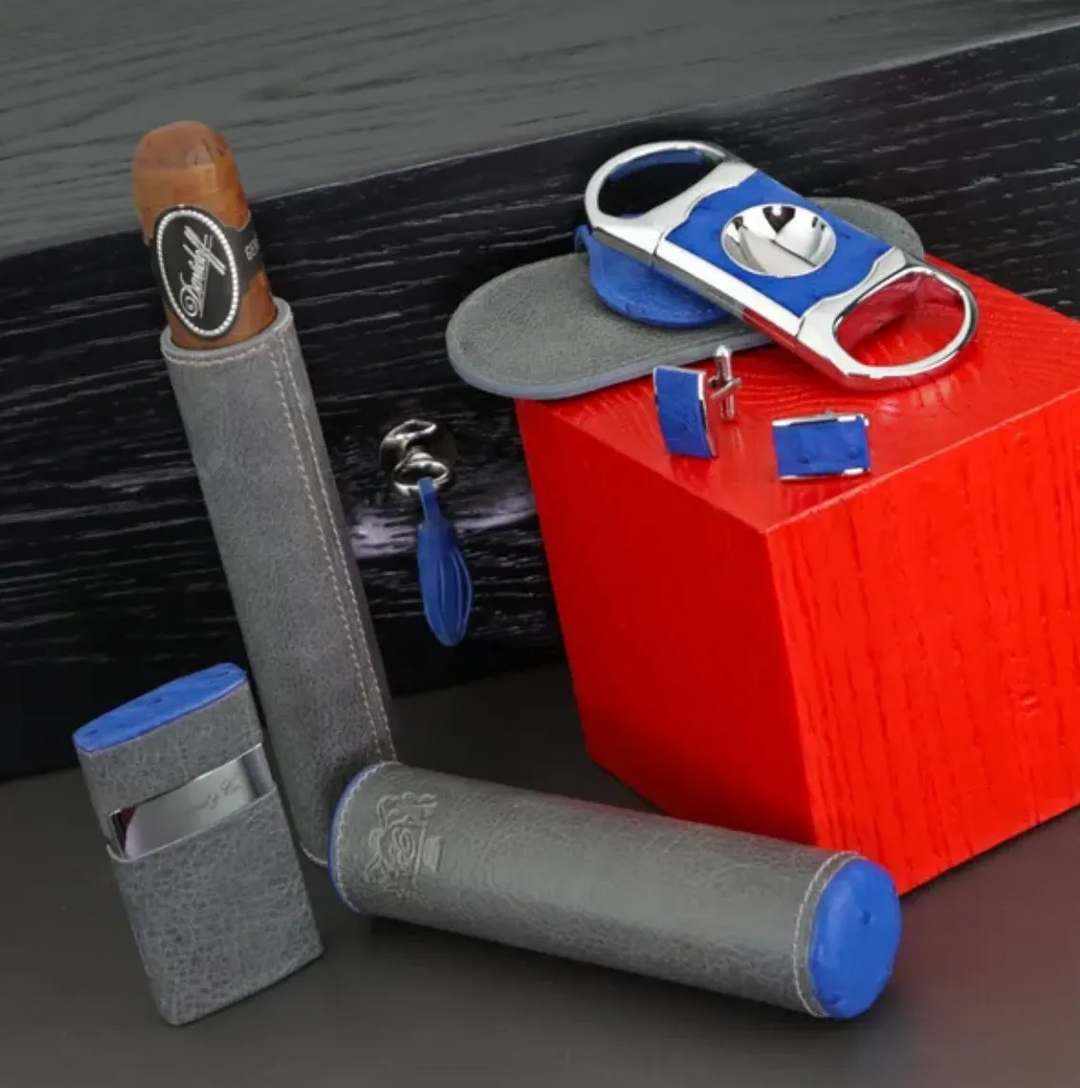 Brizard and Co - The "V" Cutter - Blue Ostrich and Gray Leather (Leather, Ostrich)