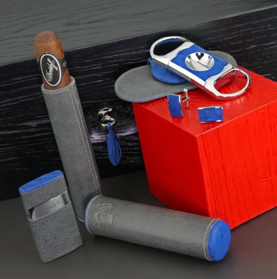 Brizard and Co - The "V" Cutter - Blue Ostrich and Gray Leather (Leather, Ostrich)