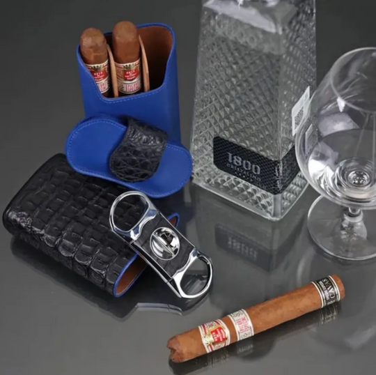 Brizard and Co - The "V" Cutter - Genuine Black Caiman Alligator and Blue Leather (Leather, Alligator)