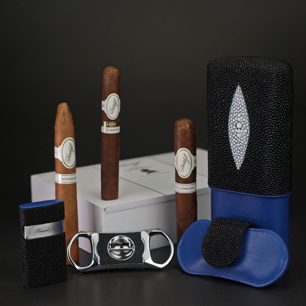 Brizard and Co - The "V" Cutter - Genuine Black Caiman Alligator and Blue Leather (Leather, Alligator)