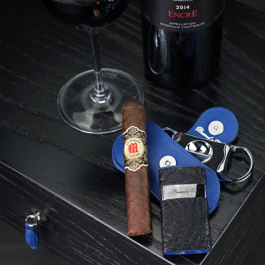 Brizard and Co - The "V" Cutter - Genuine Black Caiman Alligator and Blue Leather (Leather, Alligator)