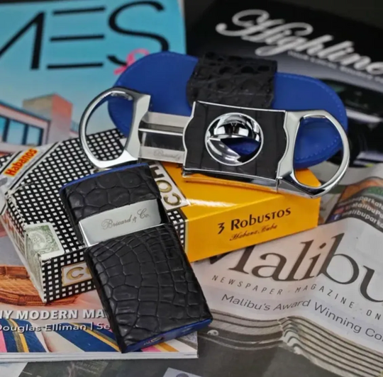 Brizard and Co - The "V" Cutter - Genuine Black Caiman Alligator and Blue Leather (Leather, Alligator)