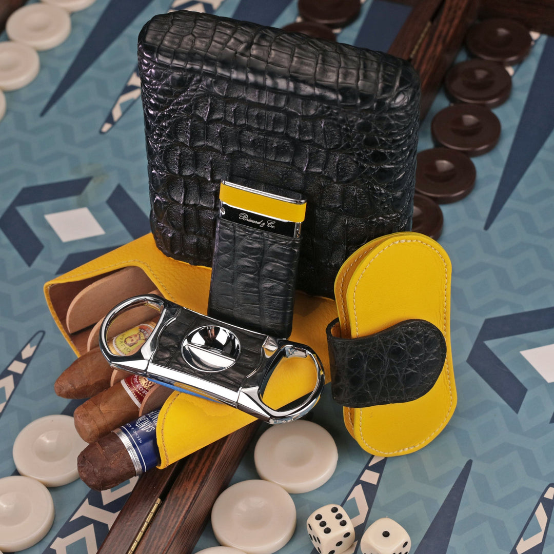 Brizard and Co - The "V" Cutter - Genuine Black Caiman Alligator and Yellow Leather (Leather, Alligator)