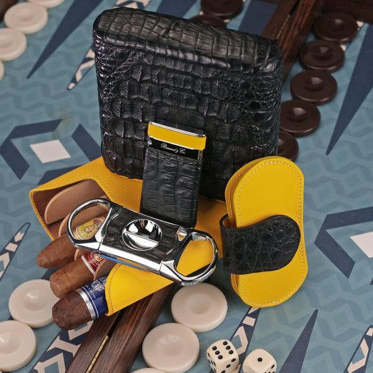 Brizard and Co - The "V" Cutter - Genuine Black Caiman Alligator and Yellow Leather (Leather, Alligator)