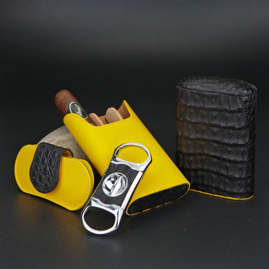 Brizard and Co - The "V" Cutter - Genuine Black Caiman Alligator and Yellow Leather (Leather, Alligator)