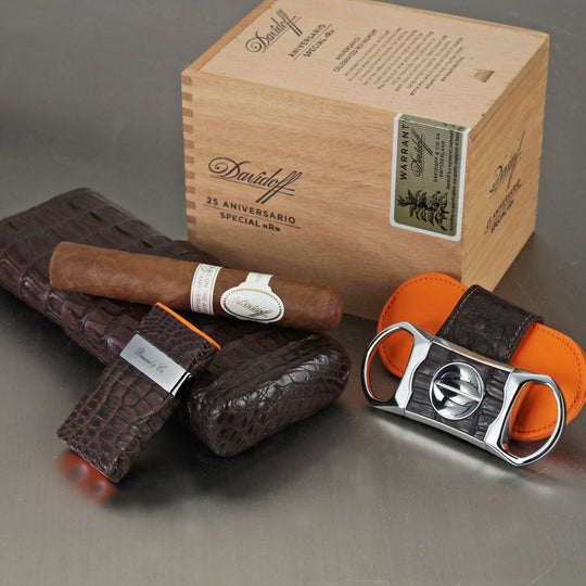 Brizard and Co - The "V" Cutter - Genuine Tobacco Caiman Alligator and Orange Leather (Leather, Alligator)