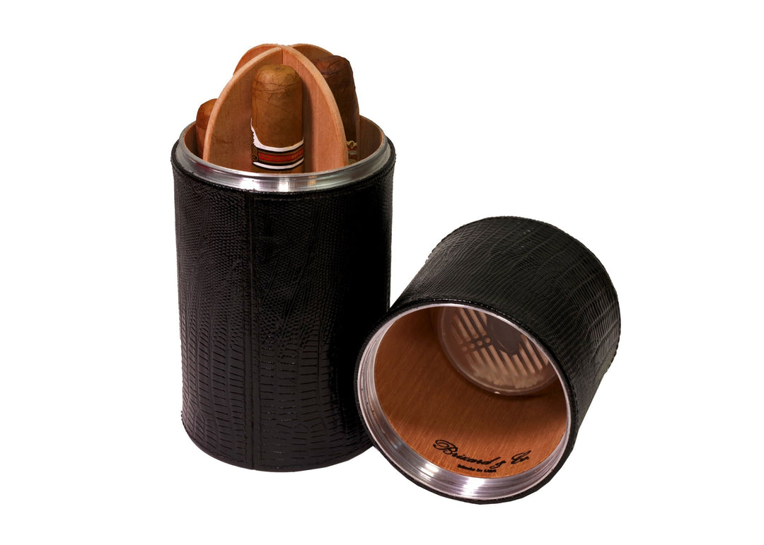 Brizard and Co - The Cylindrical Desk Humidor - Lizard Pattern Black (Leather)