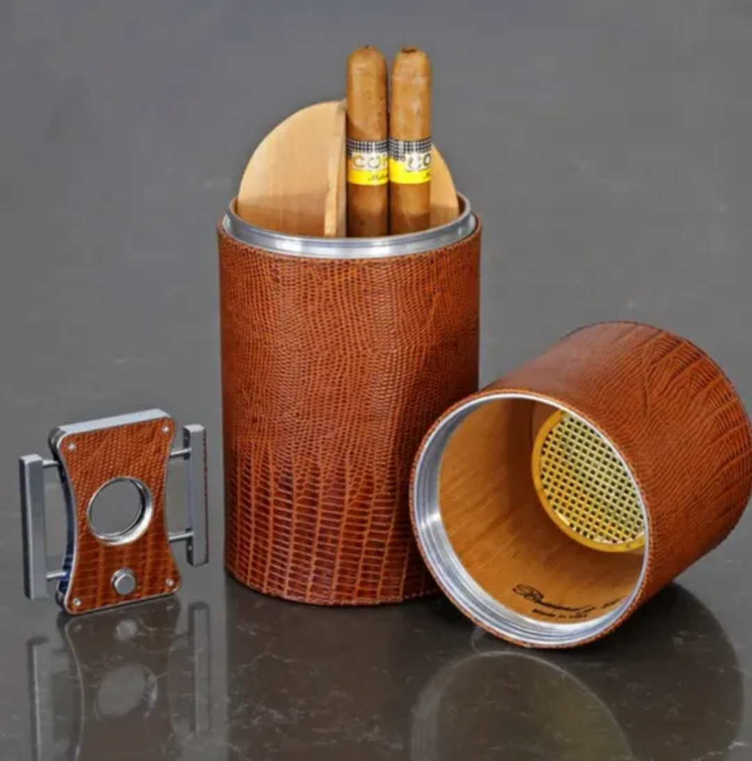 Brizard and Co - The Cylindrical Desk Humidor - Lizard Pattern Havana (Leather)
