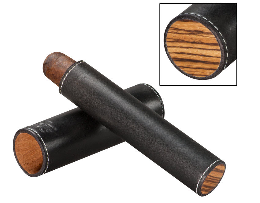 Brizard and Co - The Single Cigar Tube - Black Leather and Zebrawood (Leather, Exotic Wood)